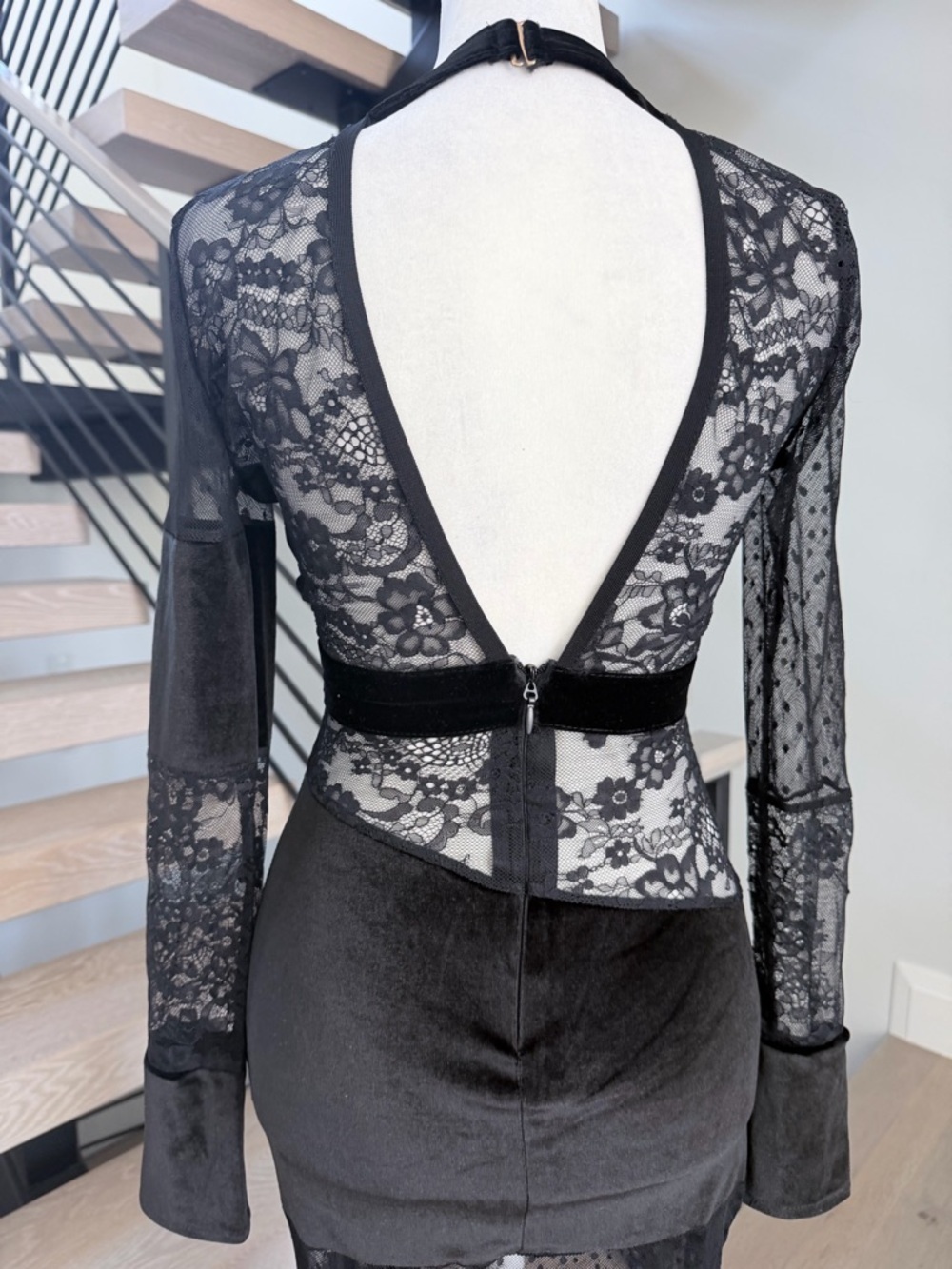 Sheer Panel Black Evening Maxi Dress with Deep V and Open back size XS - Picture 12 of 15